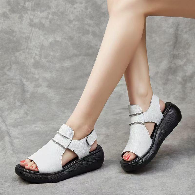 Women's Leather Thick Sole Peep Toe Sandals Summer New Lightweight Non Slip Breathable Wedges Slip On Sandals Beach Sandals