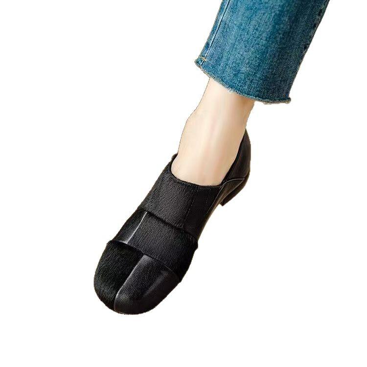 Mao deep mouth single shoes retro thick heel spring and autumn round head thick heel small leather shoes women's soft sole pu leather splicing loafers