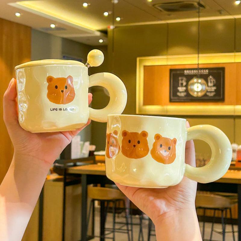 High looking Cute Little Bear Mug Mug for Boys and Girls Drinking Water Cup with Lid Spoon Couple Ceramic Cup Coffee Breakfast Cup