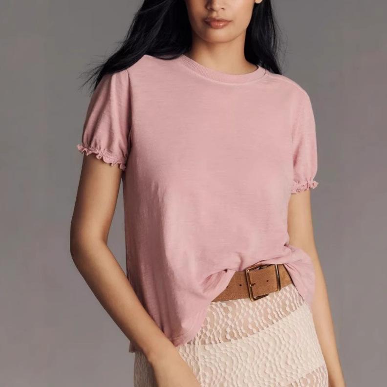 2026 Spring Women's Bubble Sleeve T-Shirt: Short-Sleeve, Solid Color, Round Neck, Skin-Friendly Design.