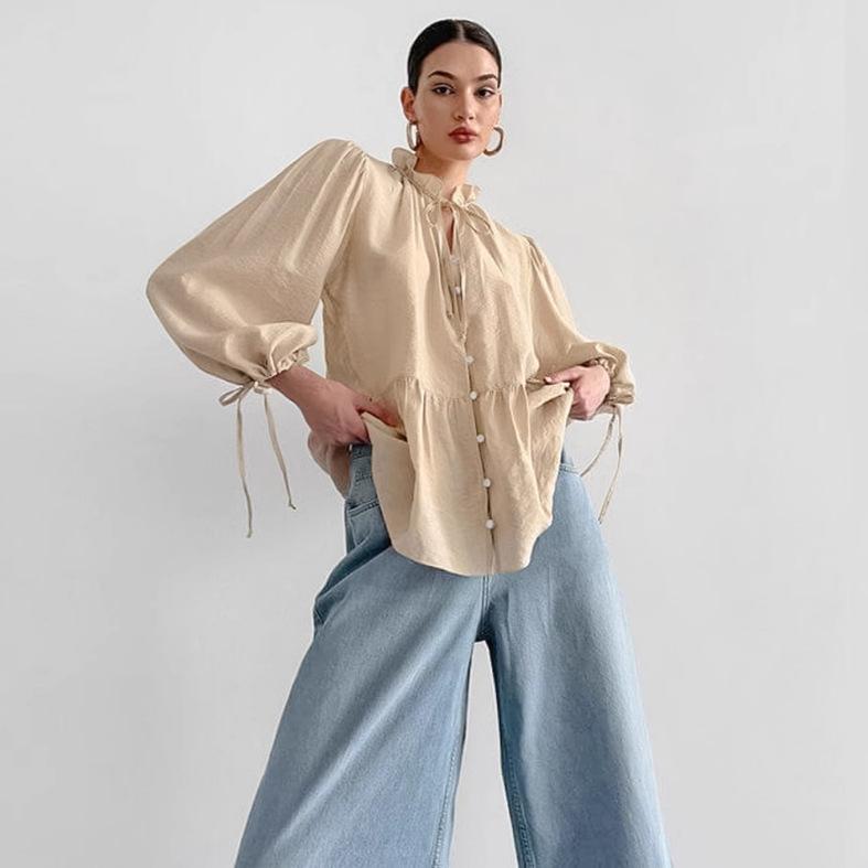 French wrinkle loose small stand-up collar bubble sleeve women's shirt 1116 European and American autumn and winter fashion new top