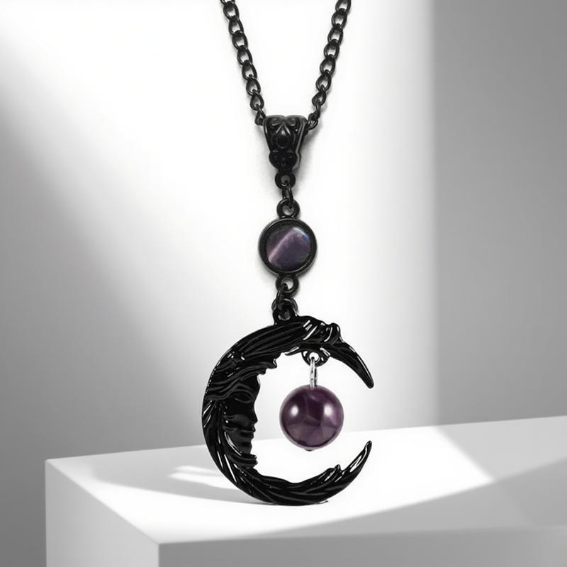 Gothic Creative Face Black Crescent Moon Purple Zircon Pendant Necklace For Women Hallowmas Charm Jewelry Gifts