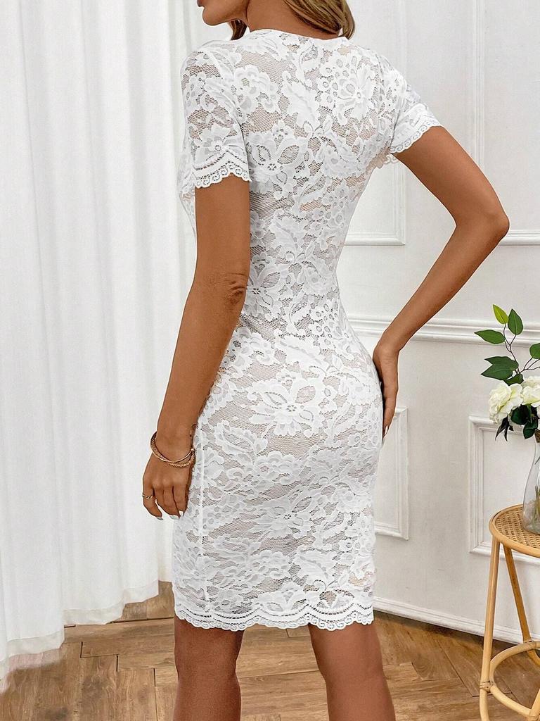 Sommer Damen Rundhals Spitze Mode Kurzarm Kleid Reifer Stil Französisch Retro Patchwork Schlank Sexy Elegant Damen Maxikleid