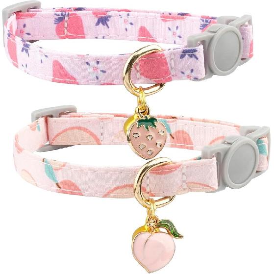 2 Pack Cotton Breakaway Cat Collars with Bell Flower Pendant Kitty Kitten Collars Pink Purple Collar for Female Girl Cats Male Boy Cats