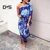Women's One Shoulder Maxi Dress Batwing Sleeves Floral Printed Split Long Dress Pleated High Waist Cocktail Party Dress