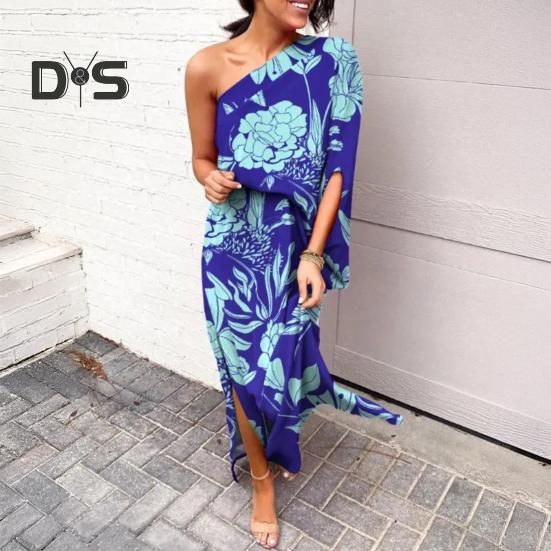 Women's One Shoulder Maxi Dress Batwing Sleeves Floral Printed Split Long Dress Pleated High Waist Cocktail Party Dress