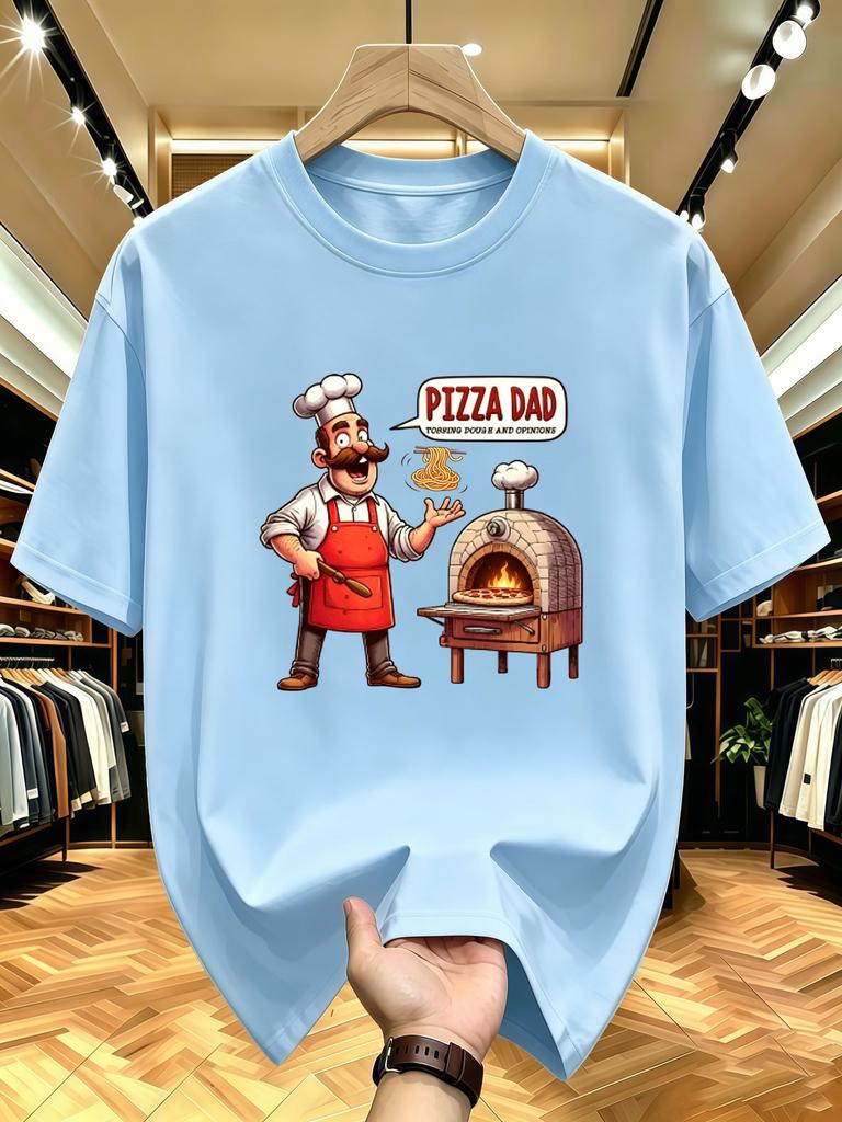Unisex O Neck Tee Funny Pizza Dad Chef Cartoon Print Cotton Short Sleeve Loose Summer Street Breathable Daily Casual Basic Wear Top