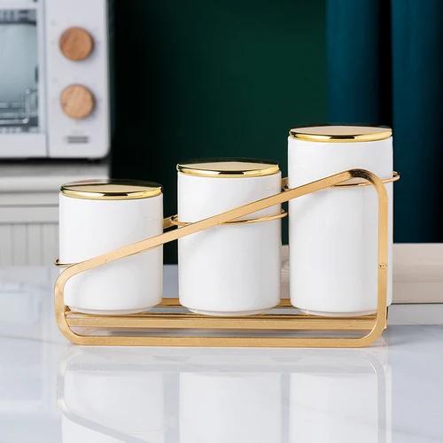 3 PCS Ceramic Airtight Jar Kitchen Canister Sets Cereal Dispenser Spice Organizer Rack Jars with Lid Food Storage Containers