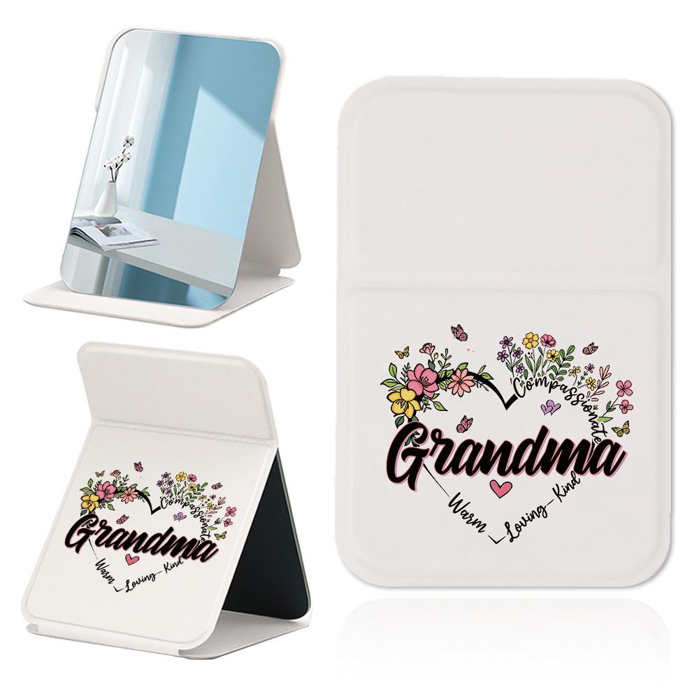 PU Portable Foldable Desktop Makeup Mirror Mirror Personalised Portable Compact Cosmetic Mirror Grandma Letters Pattern