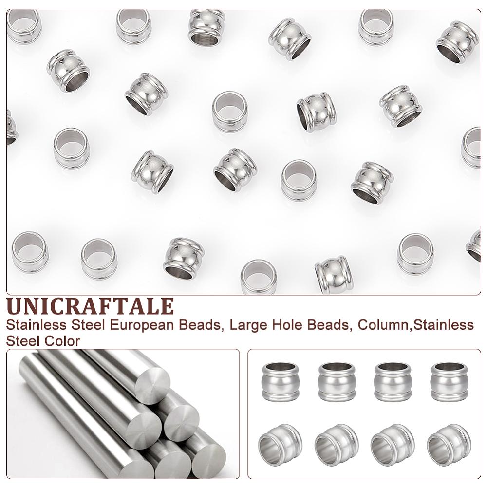 50Pcs 201 Stainless Steel European Beads, Large Hole Beads, Column, Stainless Steel Color, 7x6mm, Hole: 5mm