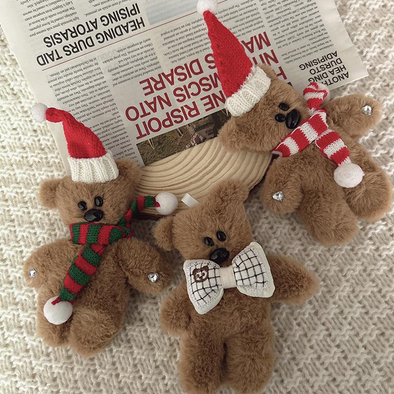 Kawaii Brown Little Bear Plush Keychain Cute Christmas Hat Bear Pendant Squeaking Bear Car Keyring Girls Women Bag Accessories
