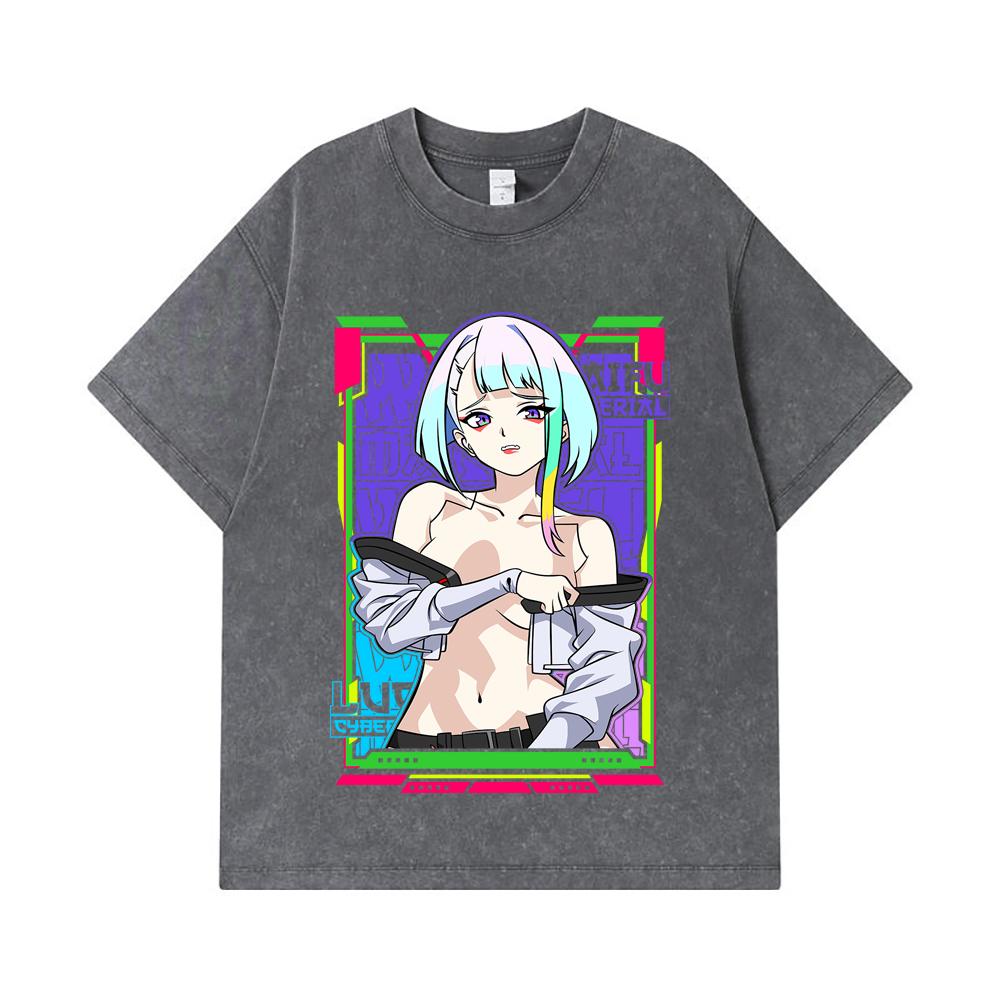 275 GSM Washed T-shirts 100% Cotton Cyberpunk V11 Lucy Waifu Print Unisex Heavy Cotton T Shirt