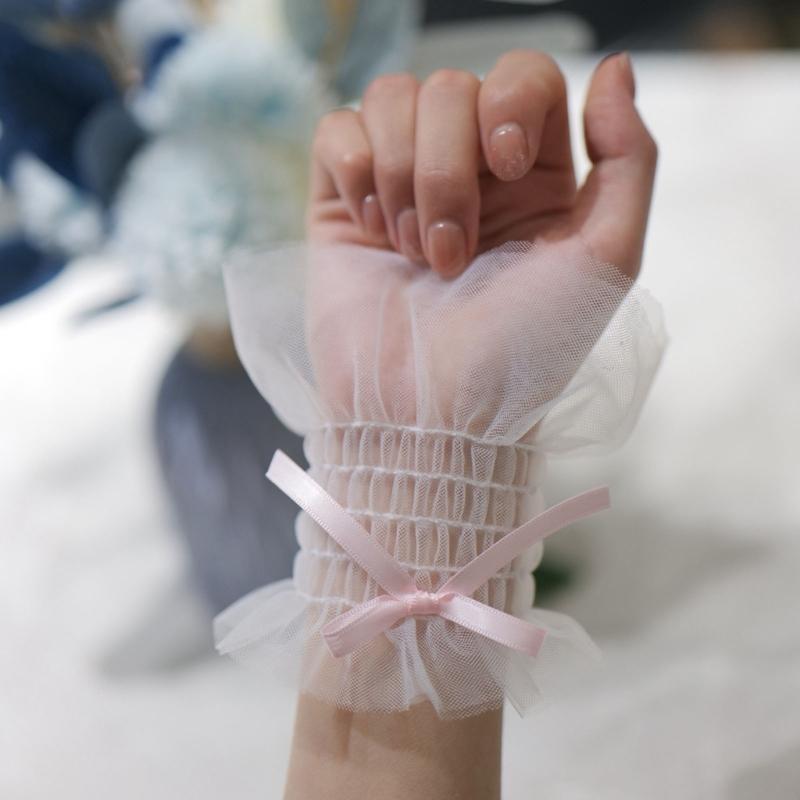Women Wrist Cuffs Ribbon Bow Removable Ruffled Wedding Supply Bride Dress False Sleeves Tulle Flared Sleeves