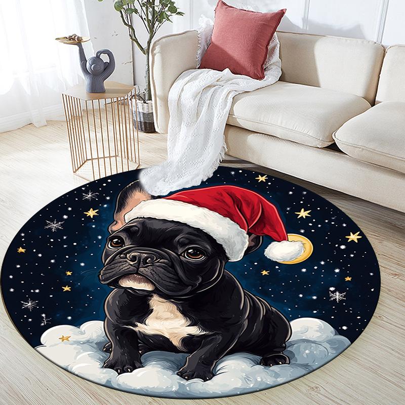 Christmas French Bulldog Round Area Rug,Carpet Rug for Living Room Bedroom Sofa Playroom Decor,Non-slip Floor Mat