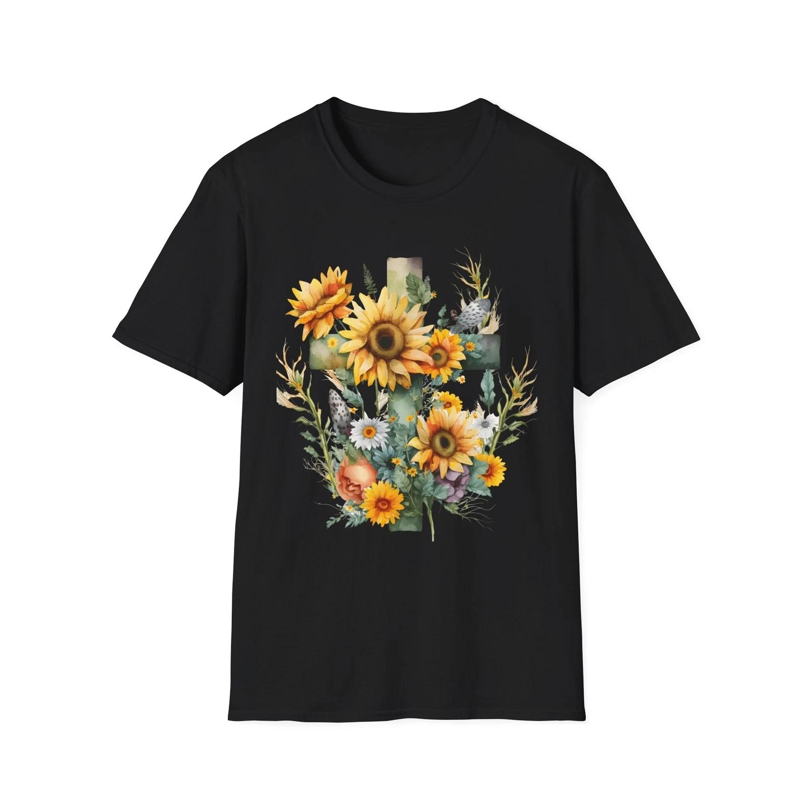 Sunflower Cross Unisex T-Shirt, Floral Tee, Christian Gift, Summer Apparel, 2XL