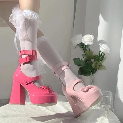 Women's Mary Janes Platform High Heel Fashion Japanese Lolita Platform Shoes for Woman Bow Belt Buckle Chunky Heel Leather Shoes