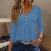 Womens 3/4 Sleeve V Neck Button Detail Solid Color Casual Loose Fit Tunic Top with Gathered Waist and Rounded Hem