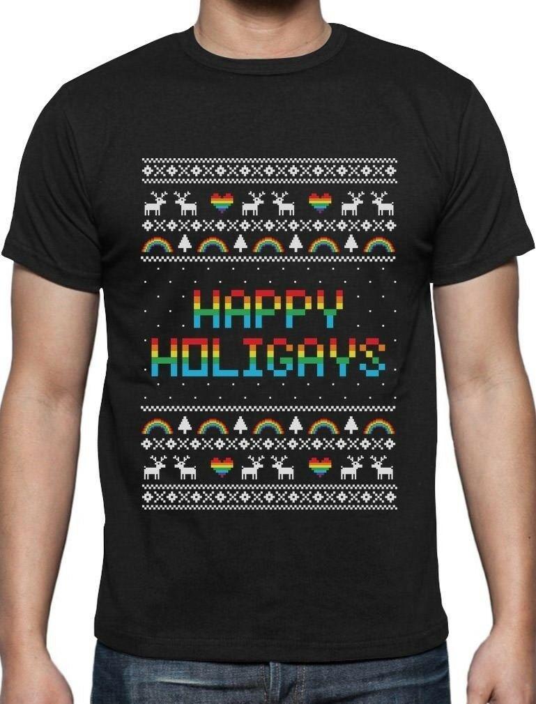 

Happy Holigays Rainbow Gay Lesbian Ugly Christmas T-Shirt Pride XXXXL