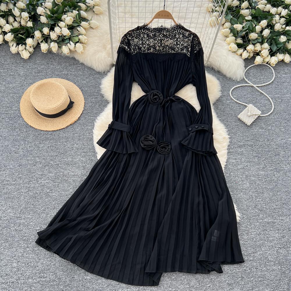

Vintage Elegant Dress Women s Autumn New Strap Waist Lace Splicing Horn Sleeve Pleated Dress XXL чорний