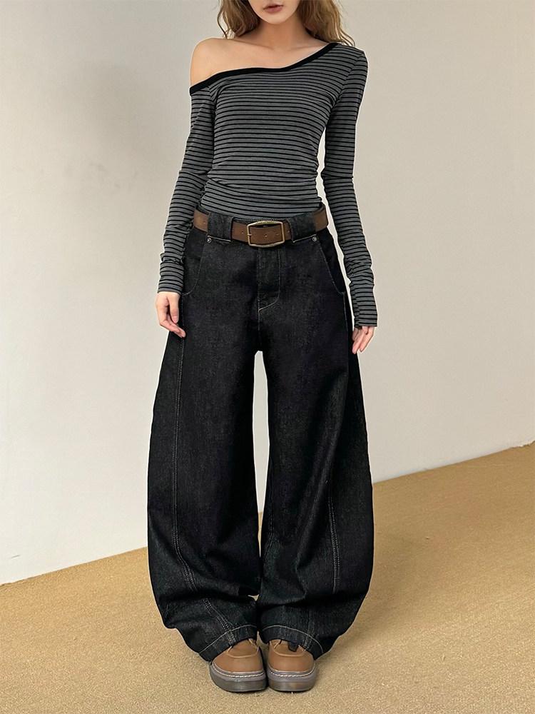 

Unisex Retro Denim Jeans with Contrast Stitching and Embroidery - Casual Wide-Leg Loose Fit 2XL (129-143 jin)