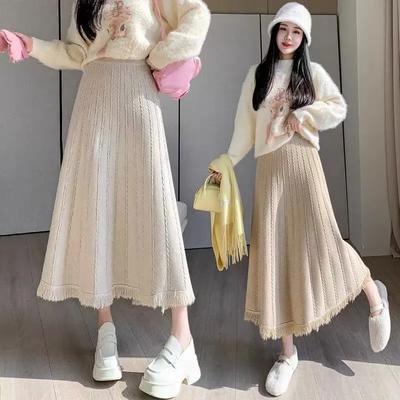 Moda Coreana Autunno Inverno Donna Gonna Midi Calda Vita Alta Beige Nero Cachi Gonna Lavorata a Maglia Nappa Sirena Maglia Spessa