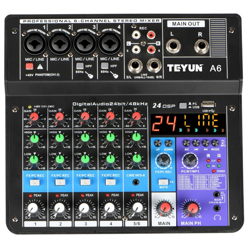 

Портативная звуковая микшерная консоль A6, звуковой контроллер DJ, 6 каналов, звуковая карта, USB-воспроизведение, запись, воспроизведение на компьютере