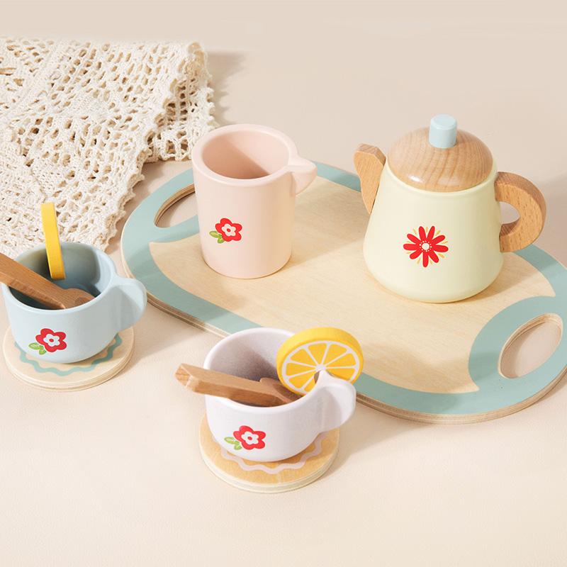 Kids Wooden Tea Set Play House Pretend Make Tea Play With Teapot Teacup Afternoon Snack Role Playing Toys Boys Girls Gift