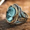 Vintage Men's Handmade Turkish Blue Cubic Synthetic Synthetic Zirconia Ring Ancient Silvery Pattern Fashionable Islamic Religious Jewelry Muslim