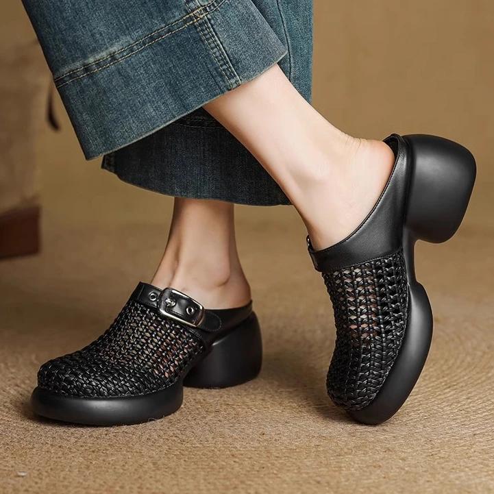 Mesh Platform High Heels Weave Women Slippers Hollow Sandals Mules Casual Shoes Woman 2025 Summer Fad Beach Loafers Slides Dress