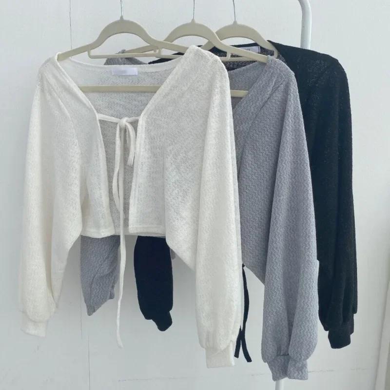 Design-inspired Tie-up Lantern Sleeve Mesh Summer Fashion Niche Vintage Versatile Short Thin Cardigan