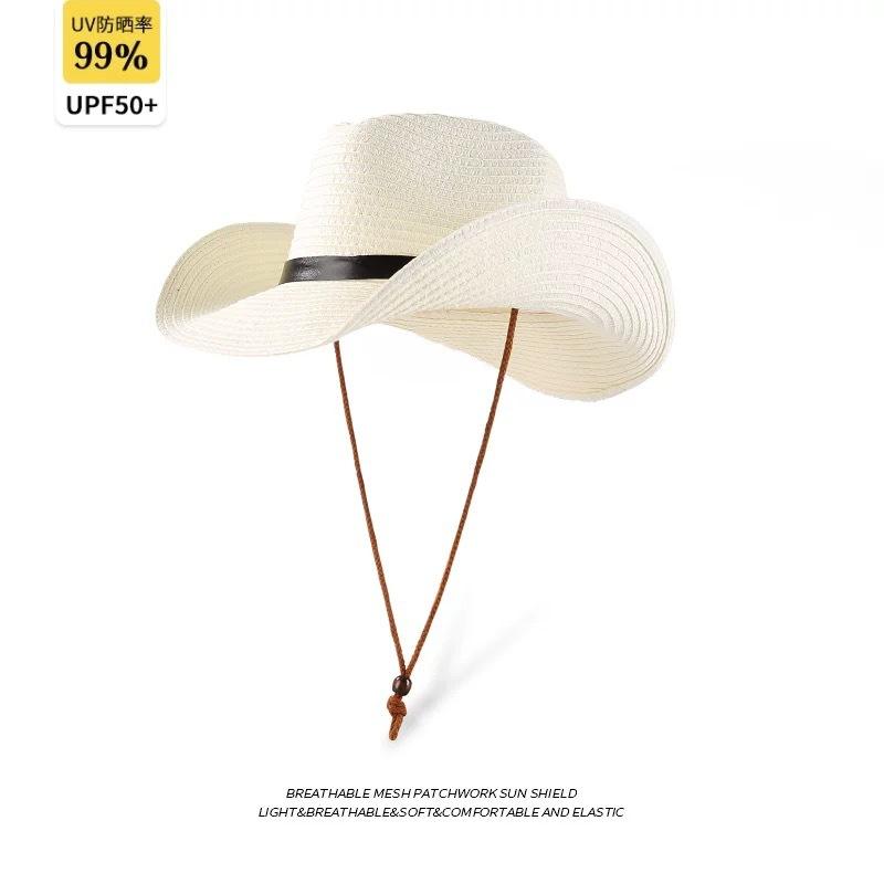 Straw Men's & Women's Adjustable Wide-Brim UV-Protective Cowboy Hat for Outdoor Hiking Summer