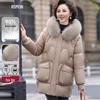 Women's Mid-Length 90% Duck Down Hooded Fox Fur Collar Winter Jacket