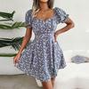 Women Floral Summer Dress Square Collar Short Sleeve Lace Up Elegant Spring S-XL