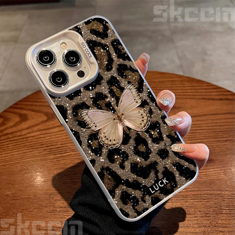 Luxury Butterfly Leopard Print Phone Case For iPhone 16 16E 15 14 13 12 11 Pro Max X XS XR 7 8 Plus SE Shockproof Hard Cover