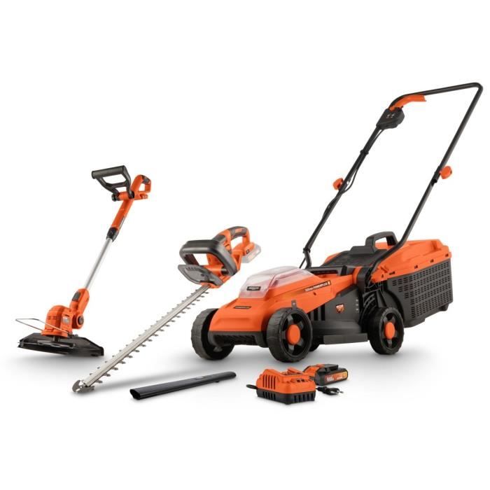 Pack Tondeuse BRUSHLESS 20V 33cm de coupe + coupe-bordures + taille-haies - DUAL POWER - POWDPGBOX25 - 1 batterie 20V 3Ah + chargeur