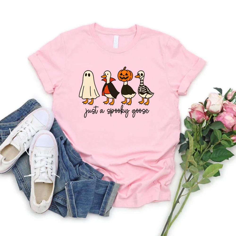 Just A Spooky Goose Tshirt Funny Halloween Goose T Shirt Unisex Women Short Sleeve Graphic Tees Cute Horror Tshirt Halloween Gift
