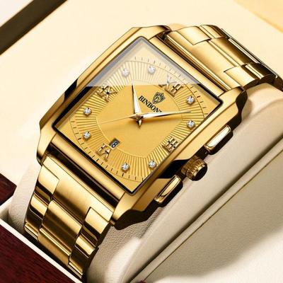Gold Men's Watches Luxury Original Stainless Steel Waterproof Square Male Wristwatches Clock