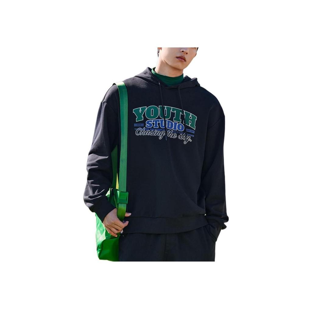 Anta Life Series FW22 Letter Print Pattern Drawstring Hoodie Unisex hoodies Black 952238702-3