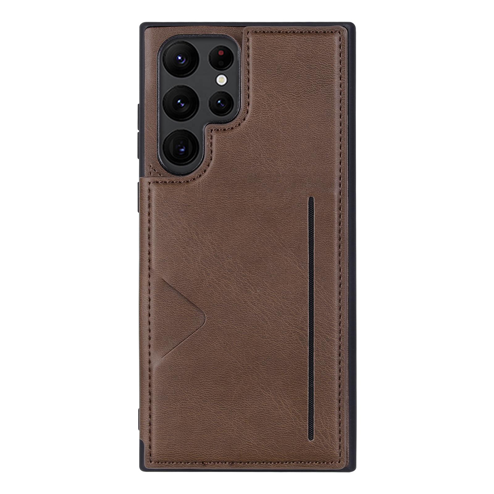 

HANMAN Mika Series For Samsung Galaxy S23 Ultra Magnetic Card Slots Design PU Leather Coated TPU Protective Case Phone Back Cover Brown