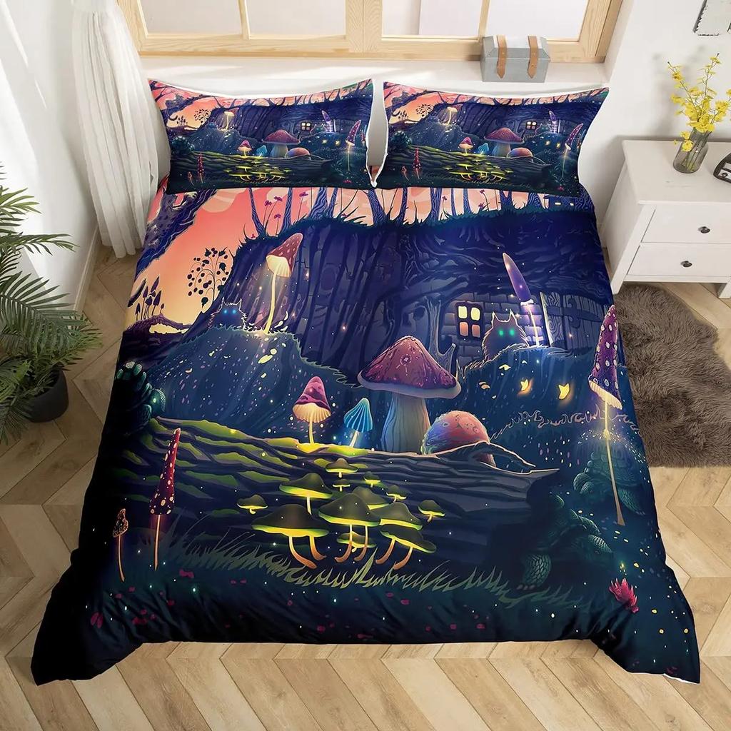 Mushroom Duvet Cover Set Cartoon Castle Bedding Set Microfiber Fungus Botanical Floral Comforter Cover Twin King For Boys Girls
