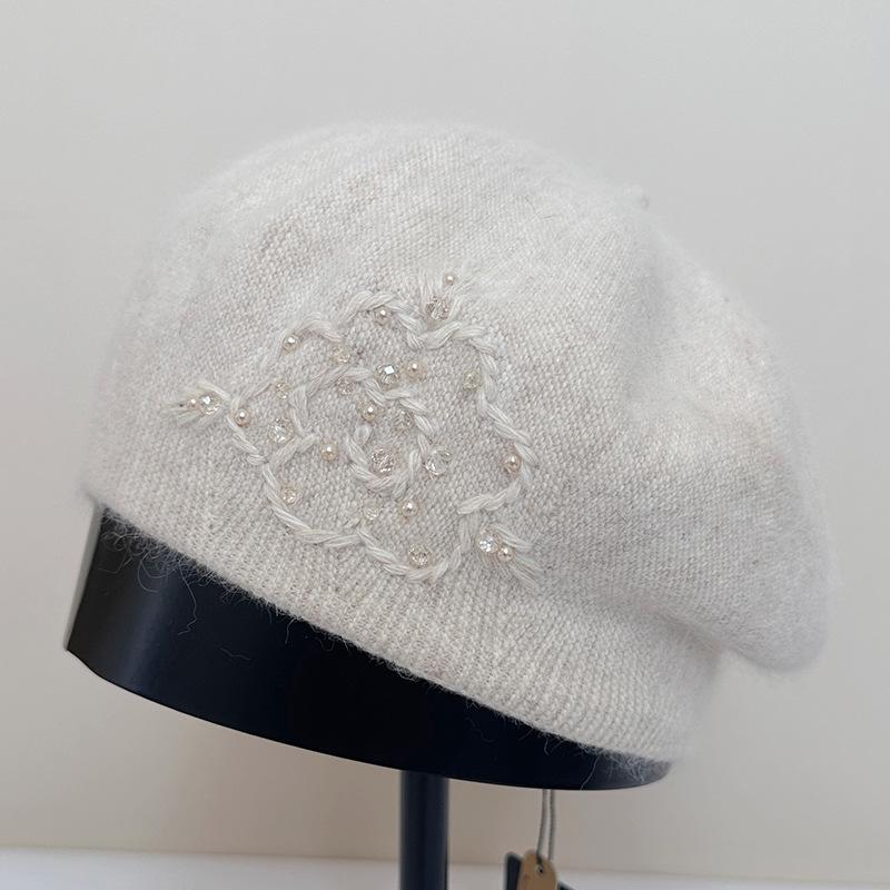 Rabbit Down Pearl Knitted Beret Female Autumn and Winter Painter Hat Warm Wool Hat Winter Hats for Women, Beanies for Women, Hats for Women Winter