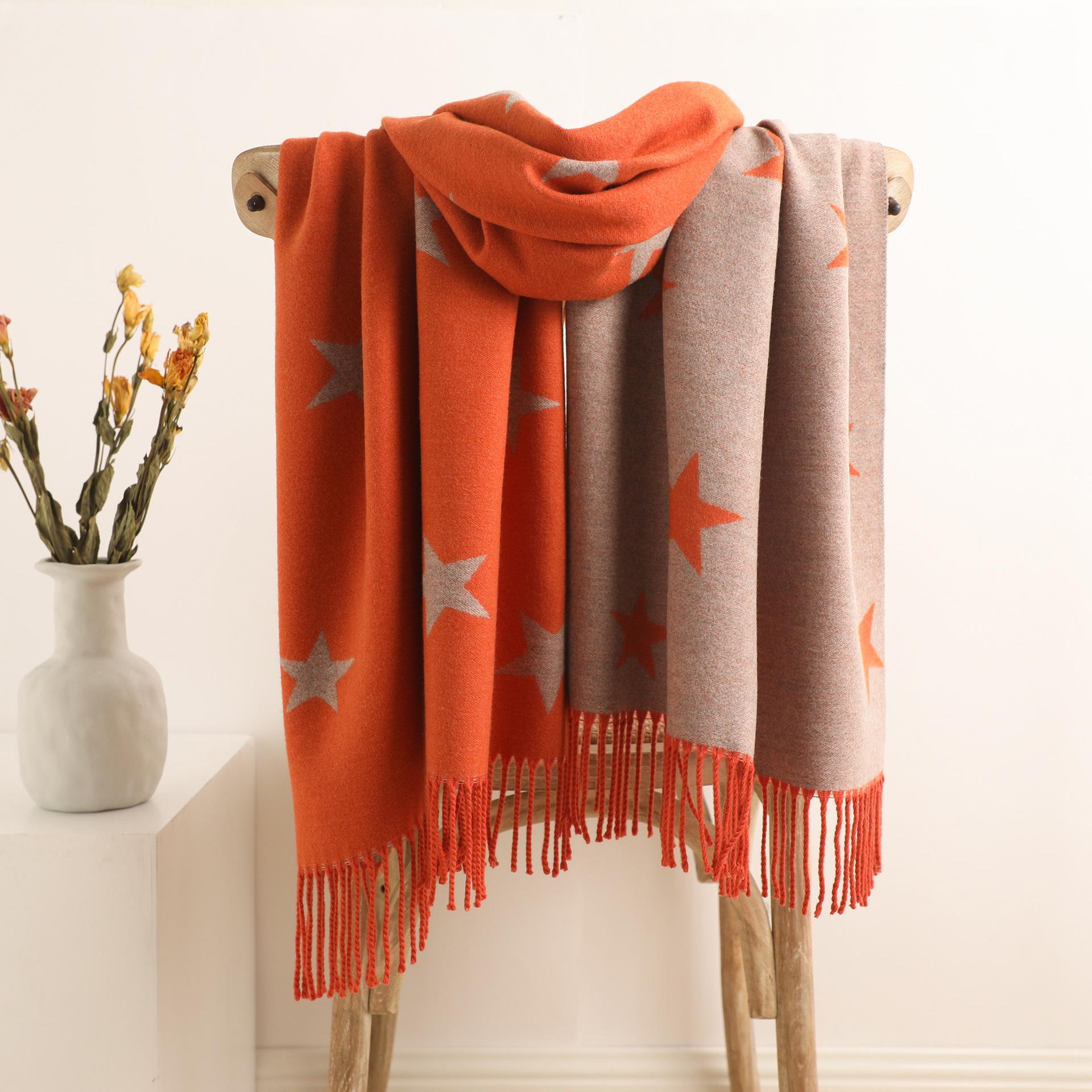 

Двусторонний теплый шарф-шаль из имитации кашемира с длинной бахромой и дизайном звезды - Женский универсальный осенне-зимний утеплитель для шеи