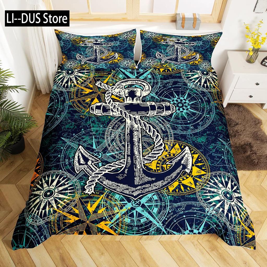 Compass Duvet Cover Set Marine Discovery Art Decorative 3 Pieces Bedding Set with 2 Pillow Shams Twin Full Queen King Size
