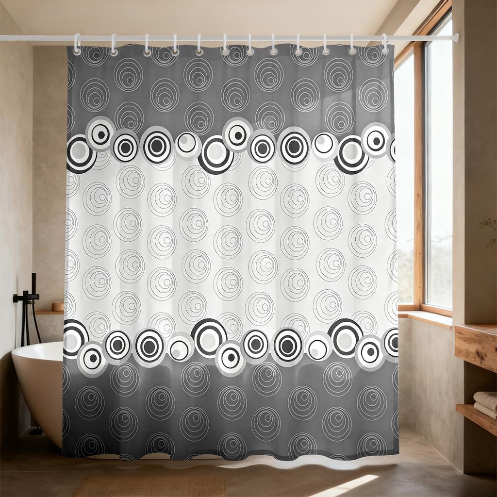 1 Piece Circular Line Printed Waterproof Privacy Partition Shower Curtain With 12 Hooks, Available In Various Sizes