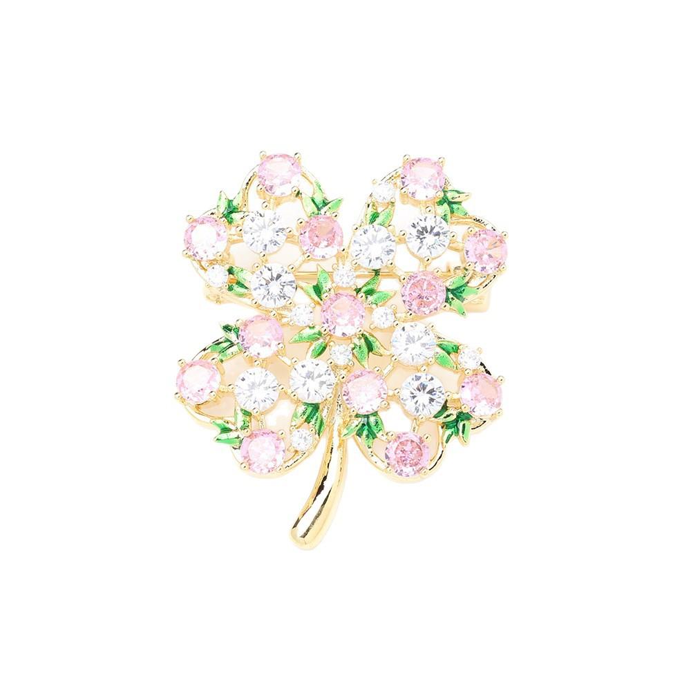 Niche copper inlaid stone pink white zircon four-leaf clover brooch temperament versatile high sense lucky grass pin accessories women's