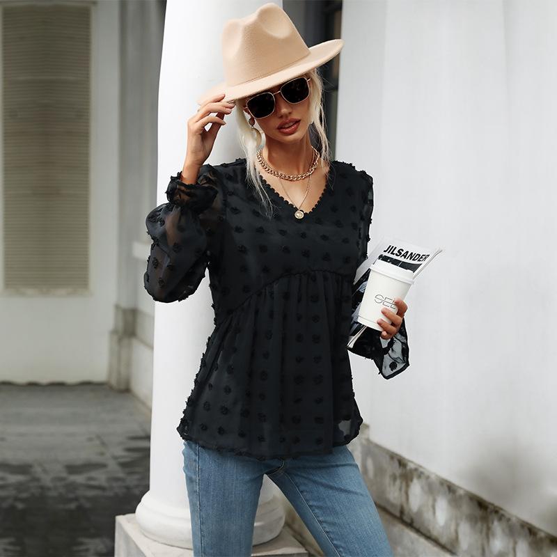 

Модный и повседневный темперамент ранняя осень топы тонкий срез свободный V-образный вырез с длинными рукавами черная рубашка XL чёрный