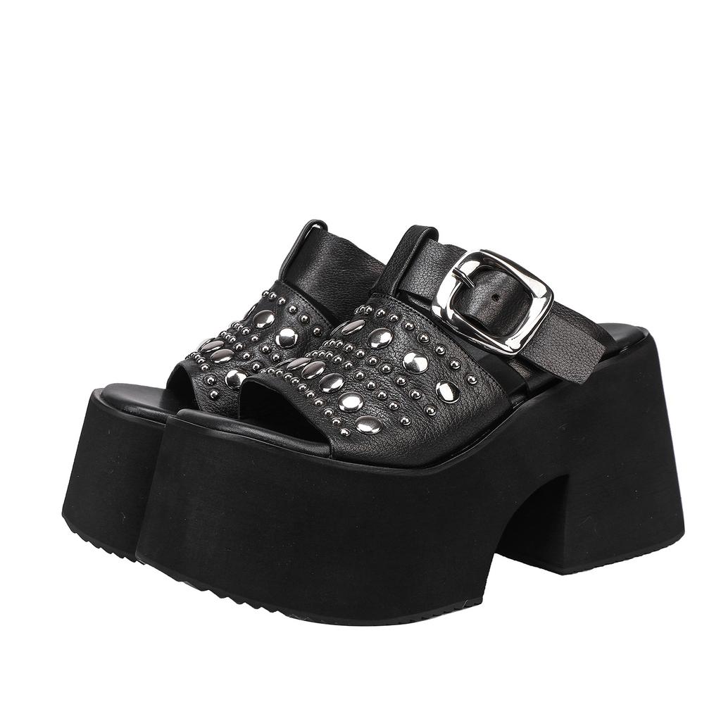 Fashion GKTINOO Genuine Leather Thick Sole Super High Heels Slippers Summer 2025 New Height Increasing Fashionable Rivet Women's Shoes