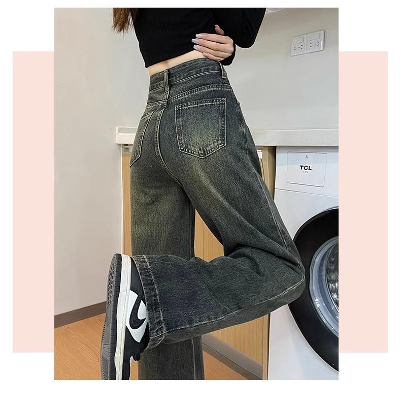 Pleated Wide-Leg High-Waist Gray Jeans for Women - Retro & Nostalgic Autumn Wear