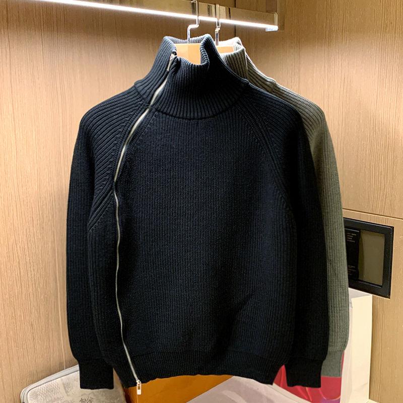 Trendy Brand Solid Color Half Turtleneck Sweater for Men in Winter Personalized Side Zipper Sweater Design Warm Top