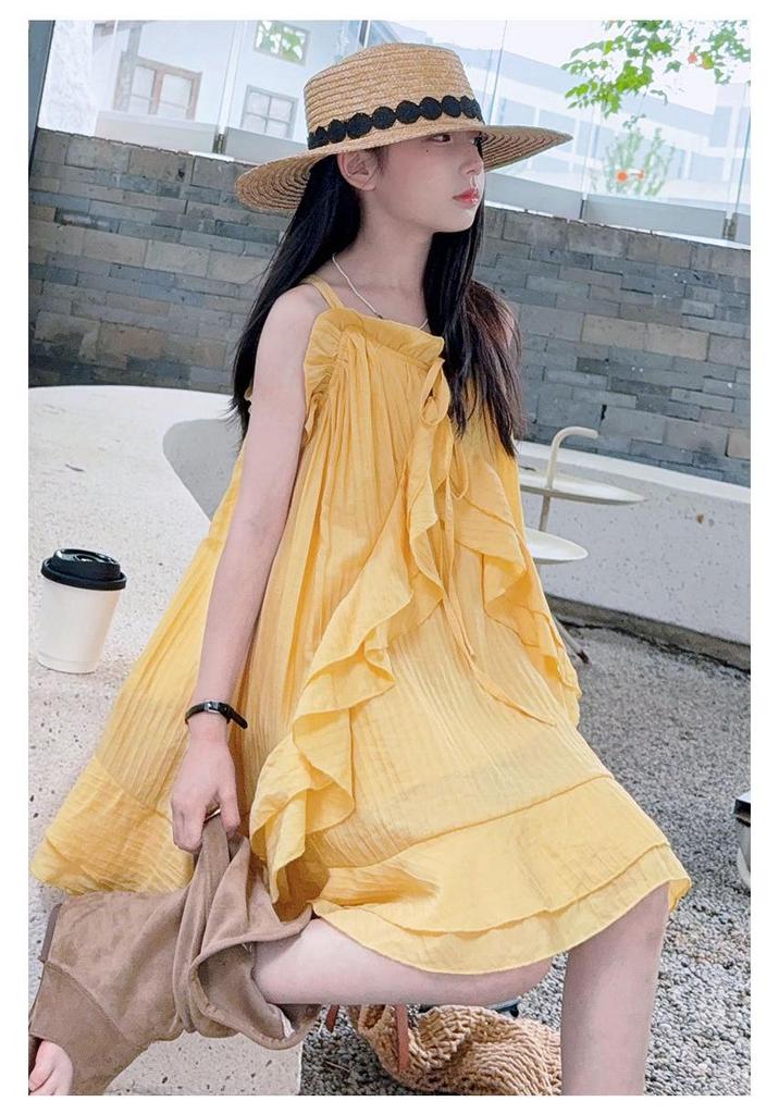 Girls' Ruffle Strappy Midi Dress - 2026 Summer Beach Style for Older Children